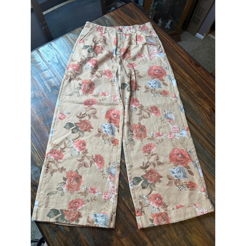 Fashion Jeans Tan Floral Rose Print Wide‎ Leg High Rise Cuffed Denim Pants Large